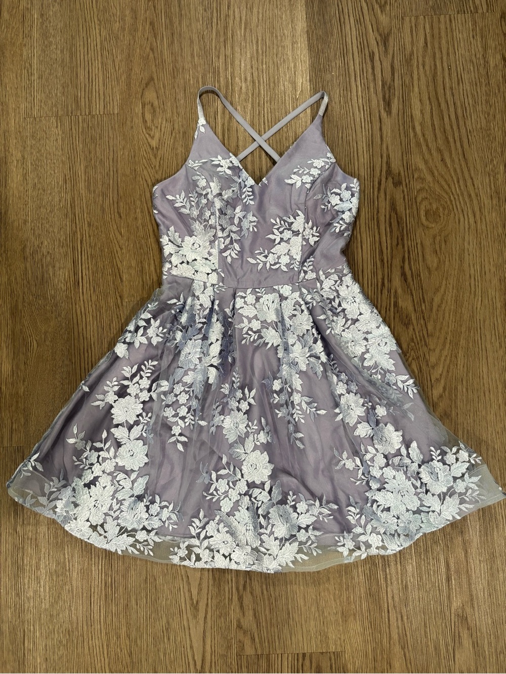 Lilac Floral Lace Fit-and-Flare Kids Dress with Crisscross Straps